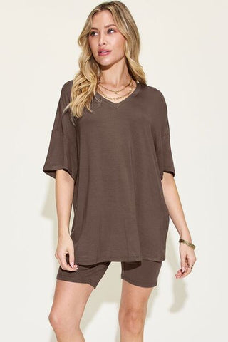 Shop Basic Bae Full Size V-Neck Drop Shoulder Short Sleeve T-Shirt and Shorts Set Now On Klozey Store - Trendy U.S. Premium Women Apparel & Accessories And Be Up-To-Fashion!