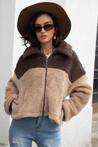 Shop Two-Tone Collared Neck Fuzzy Jacket Now On Klozey Store - Trendy U.S. Premium Women Apparel & Accessories And Be Up-To-Fashion!