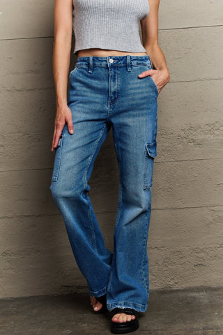 Shop Kancan Holly High Waisted Cargo Flare Jeans Now On Klozey Store - Trendy U.S. Premium Women Apparel & Accessories And Be Up-To-Fashion!