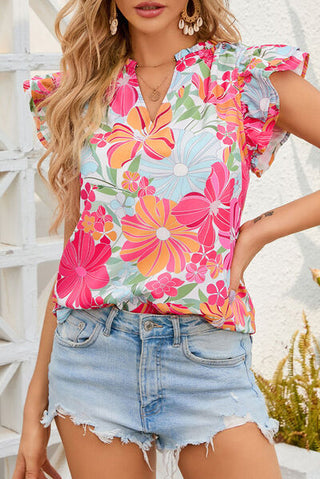 Shop Floral Ruffled Notched Cap Sleeve Blouse Now On Klozey Store - Trendy U.S. Premium Women Apparel & Accessories And Be Up-To-Fashion!