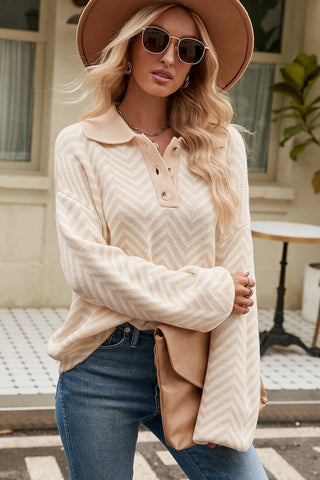 Shop Striped Collared Neck Buttoned Pullover Sweater Now On Klozey Store - Trendy U.S. Premium Women Apparel & Accessories And Be Up-To-Fashion!