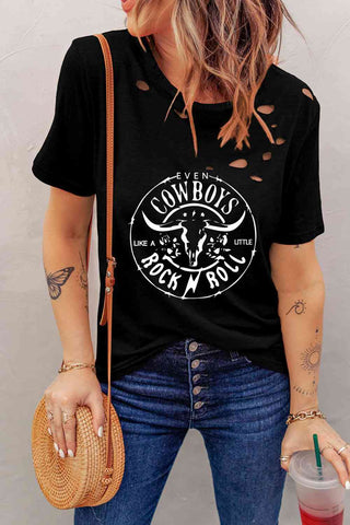Shop Graphic Round Neck Cutout Tee Now On Klozey Store - Trendy U.S. Premium Women Apparel & Accessories And Be Up-To-Fashion!
