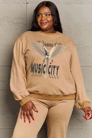 Shop Simply Love Simply Love Full Size Round Neck Dropped Shoulder MUSIC CITY Graphic Sweatshirt Now On Klozey Store - Trendy U.S. Premium Women Apparel & Accessories And Be Up-To-Fashion!