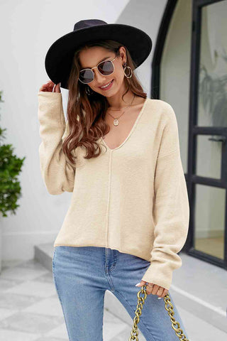 Shop V-Neck Drop Shoulder Long Sleeve Knit Top Now On Klozey Store - Trendy U.S. Premium Women Apparel & Accessories And Be Up-To-Fashion!