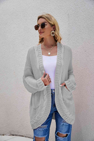 Shop Woven Right Cable-Knit Curved Hem Open Front Cardigan Now On Klozey Store - Trendy U.S. Premium Women Apparel & Accessories And Be Up-To-Fashion!