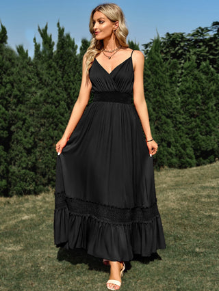 Shop Spaghetti Strap Smocked Waist Spliced Lace Dress Now On Klozey Store - Trendy U.S. Premium Women Apparel & Accessories And Be Up-To-Fashion!