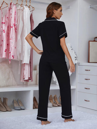 Shop Contrast Piping Lapel Collar Short Sleeve Top and Pants Pajama Set Now On Klozey Store - Trendy U.S. Premium Women Apparel & Accessories And Be Up-To-Fashion!