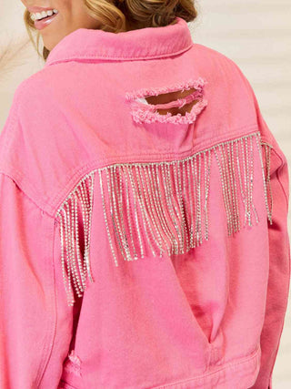Shop Distressed Fringe Trim Denim Jacket Now On Klozey Store - Trendy U.S. Premium Women Apparel & Accessories And Be Up-To-Fashion!