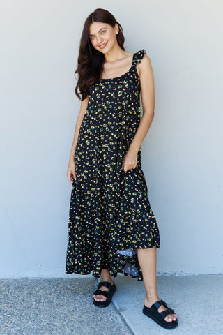 Shop Doublju In The Garden Ruffle Floral Maxi Dress in Black Yellow Floral Now On Klozey Store - Trendy U.S. Premium Women Apparel & Accessories And Be Up-To-Fashion!