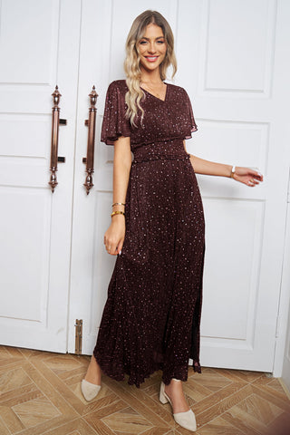 Shop V-Neck High Slit Glitter Maxi Dress Now On Klozey Store - Trendy U.S. Premium Women Apparel & Accessories And Be Up-To-Fashion!