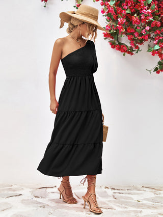 Shop Smocked One-Shoulder Midi Dress Now On Klozey Store - Trendy U.S. Premium Women Apparel & Accessories And Be Up-To-Fashion!