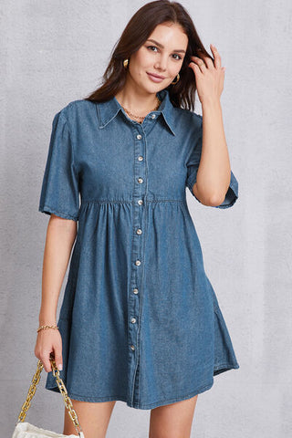 Shop Button Up Collared Neck Tiered Denim Dress Now On Klozey Store - Trendy U.S. Premium Women Apparel & Accessories And Be Up-To-Fashion!