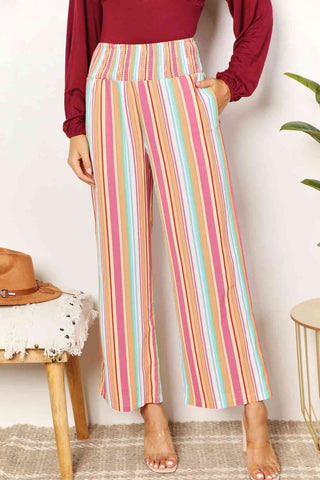 Shop Double Take Striped Smocked Waist Pants with Pockets Now On Klozey Store - Trendy U.S. Premium Women Apparel & Accessories And Be Up-To-Fashion!