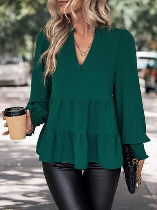 Shop Notched Neck Lantern Sleeve Blouse Now On Klozey Store - Trendy U.S. Premium Women Apparel & Accessories And Be Up-To-Fashion!