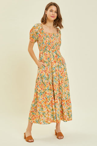 Shop HEYSON Full Size Floral Smocked Tiered Midi Dress Now On Klozey Store - Trendy U.S. Premium Women Apparel & Accessories And Be Up-To-Fashion!