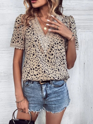 Shop Full Size Printed V-Neck Short Sleeve Blouse Now On Klozey Store - Trendy U.S. Premium Women Apparel & Accessories And Be Up-To-Fashion!