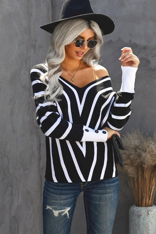 Shop Chevron V-Neck Button Cuff Sweater Now On Klozey Store - Trendy U.S. Premium Women Apparel & Accessories And Be Up-To-Fashion!