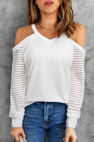 Shop Cold-Shoulder Sheer Striped Sleeve Top Now On Klozey Store - Trendy U.S. Premium Women Apparel & Accessories And Be Up-To-Fashion!