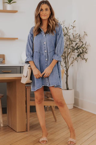 Shop Collared Neck Flounce Sleeve Denim Mini Dress Now On Klozey Store - Trendy U.S. Premium Women Apparel & Accessories And Be Up-To-Fashion!