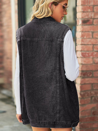 Shop Collared Neck Sleeveless Denim Top with Pockets Now On Klozey Store - Trendy U.S. Premium Women Apparel & Accessories And Be Up-To-Fashion!