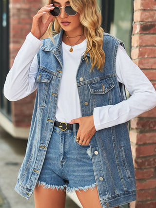 Shop Collared Neck Sleeveless Denim Top with Pockets Now On Klozey Store - Trendy U.S. Premium Women Apparel & Accessories And Be Up-To-Fashion!