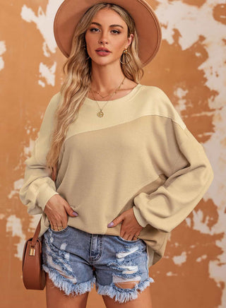 Shop Color Block Round Neck Drop Shoulder Sweatshirt Now On Klozey Store - Trendy U.S. Premium Women Apparel & Accessories And Be Up-To-Fashion!