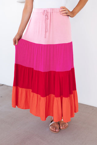 Shop Color Block Tiered Maxi Skirt Now On Klozey Store - Trendy U.S. Premium Women Apparel & Accessories And Be Up-To-Fashion!
