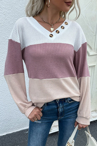 Shop Color Block Waffle Knit Button Detail Top Now On Klozey Store - Trendy U.S. Premium Women Apparel & Accessories And Be Up-To-Fashion!