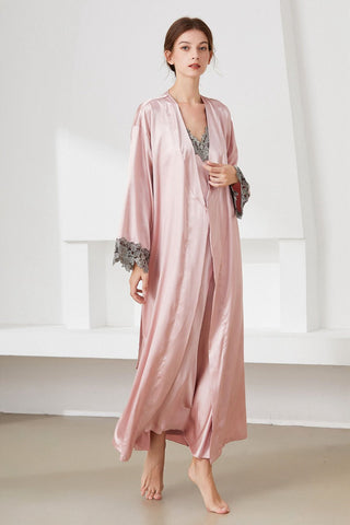 Shop Contrast Lace Trim Satin Night Dress and Robe Set Now On Klozey Store - Trendy U.S. Premium Women Apparel & Accessories And Be Up-To-Fashion!
