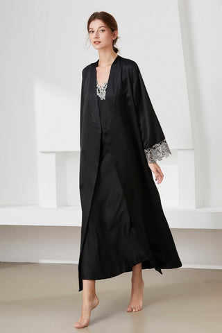 Shop Contrast Lace Trim Satin Night Dress and Robe Set Now On Klozey Store - Trendy U.S. Premium Women Apparel & Accessories And Be Up-To-Fashion!