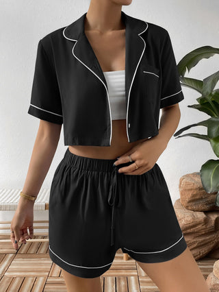 Shop Contrast Lapel Collar Cropped Shirt and Shorts Lounge Set Now On Klozey Store - Trendy U.S. Premium Women Apparel & Accessories And Be Up-To-Fashion!