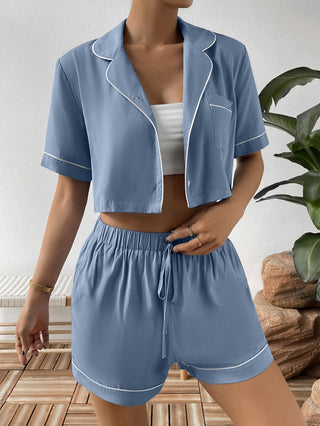 Shop Contrast Lapel Collar Cropped Shirt and Shorts Lounge Set Now On Klozey Store - Trendy U.S. Premium Women Apparel & Accessories And Be Up-To-Fashion!