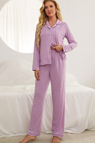 Shop Contrast Piping Button Down Top and Pants Loungewear Set Now On Klozey Store - Trendy U.S. Premium Women Apparel & Accessories And Be Up-To-Fashion!