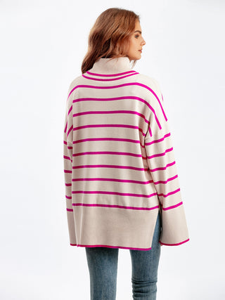 Shop Striped Drop Shoulder Turtleneck Sweater Now On Klozey Store - Trendy U.S. Premium Women Apparel & Accessories And Be Up-To-Fashion!