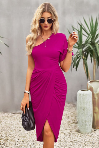 Shop Ruched One-Shoulder Tulip Hem Dress Now On Klozey Store - Trendy U.S. Premium Women Apparel & Accessories And Be Up-To-Fashion!