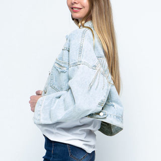 Shop Cropped Collared Neck Dropped Shoulder Denim Jacket Now On Klozey Store - Trendy U.S. Premium Women Apparel & Accessories And Be Up-To-Fashion!
