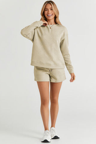 Shop Double Take Full Size Texture Long Sleeve Top and Drawstring Shorts Set Now On Klozey Store - Trendy U.S. Premium Women Apparel & Accessories And Be Up-To-Fashion!