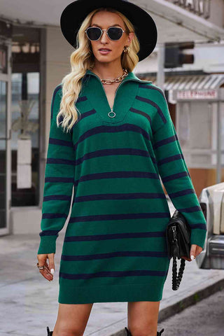 Shop Striped Quarter-Zip Collared Sweater Dress Now On Klozey Store - Trendy U.S. Premium Women Apparel & Accessories And Be Up-To-Fashion!