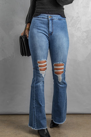 Shop Baeful Distressed Raw Hem High-Waist Flare Jeans Now On Klozey Store - Trendy U.S. Premium Women Apparel & Accessories And Be Up-To-Fashion!