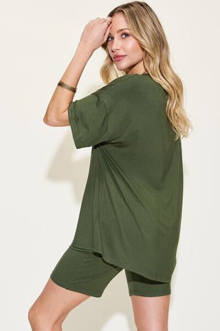 Shop Basic Bae Full Size V-Neck Drop Shoulder Short Sleeve T-Shirt and Shorts Set Now On Klozey Store - Trendy U.S. Premium Women Apparel & Accessories And Be Up-To-Fashion!