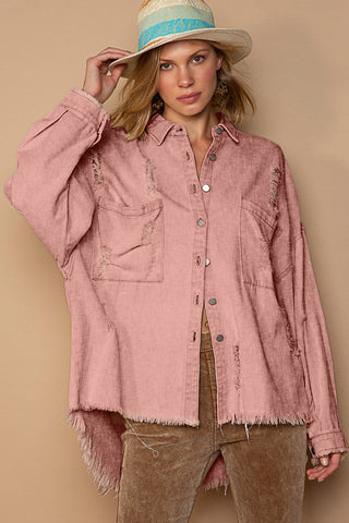 Shop POL Button Down Raw Hem Distressed Shacket Now On Klozey Store - Trendy U.S. Premium Women Apparel & Accessories And Be Up-To-Fashion!