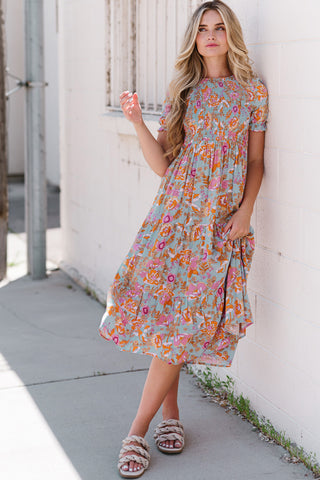 Shop Floral Flounce Sleeve Round Neck Midi Dress Now On Klozey Store - Trendy U.S. Premium Women Apparel & Accessories And Be Up-To-Fashion!