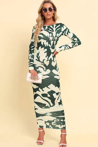 Shop Printed Backless Long Sleeve Maxi Dress Now On Klozey Store - Trendy U.S. Premium Women Apparel & Accessories And Be Up-To-Fashion!