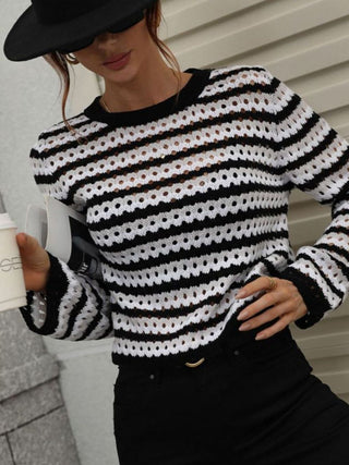 Shop Striped Openwork Long-Sleeve Knit Pullover Now On Klozey Store - Trendy U.S. Premium Women Apparel & Accessories And Be Up-To-Fashion!