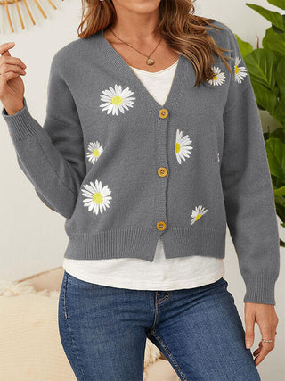 Shop Flower Button Front Dropped Shoulder Cardigan Now On Klozey Store - Trendy U.S. Premium Women Apparel & Accessories And Be Up-To-Fashion!