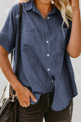 Shop Pocketed Button Up Short Sleeve Denim Shirt Now On Klozey Store - Trendy U.S. Premium Women Apparel & Accessories And Be Up-To-Fashion!