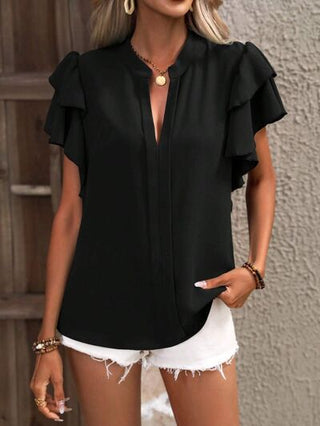 Shop Ruffled Notched Short Sleeve Blouse Now On Klozey Store - Trendy U.S. Premium Women Apparel & Accessories And Be Up-To-Fashion!