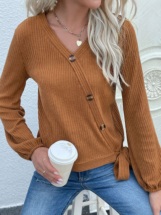 Shop Rib-Knit Asymmetrical Button Blouse Now On Klozey Store - Trendy U.S. Premium Women Apparel & Accessories And Be Up-To-Fashion!