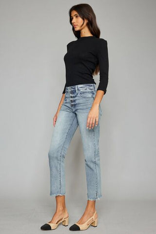 Shop Kancan High Waist Button Fly Raw Hem Cropped Straight Jeans Now On Klozey Store - Trendy U.S. Premium Women Apparel & Accessories And Be Up-To-Fashion!