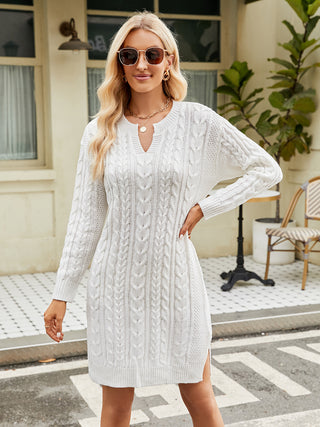 Shop Notched Neck Cable-Knit Slit Sweater Dress Now On Klozey Store - Trendy U.S. Premium Women Apparel & Accessories And Be Up-To-Fashion!